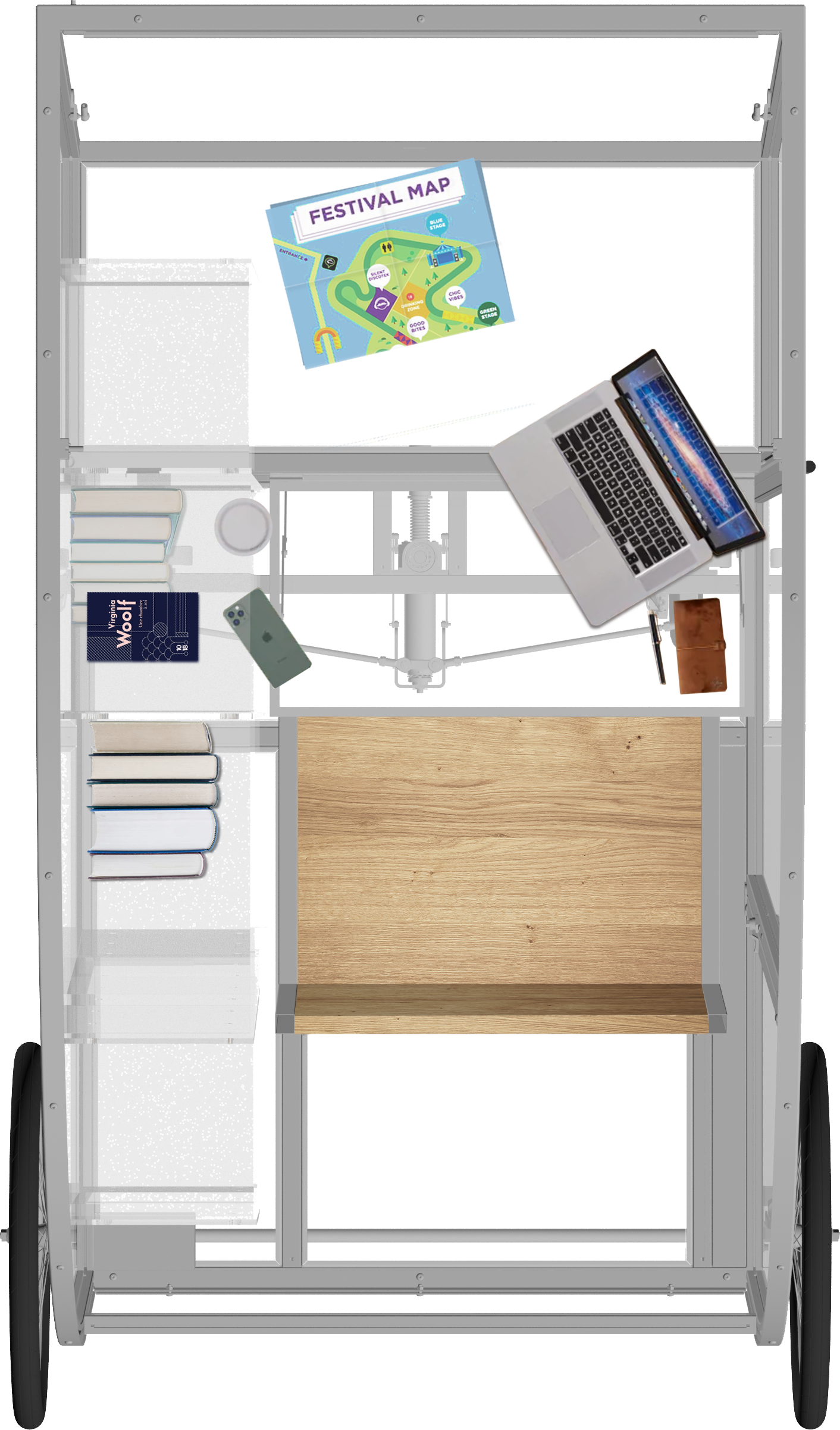 Vue en plan de la Rolling, comptoir et vitrine mobile